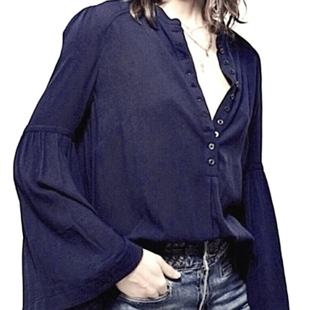 Free People Easy Girl Bell Sleeve Henley‎ Blouse XS Navy Blue Button Popover Top